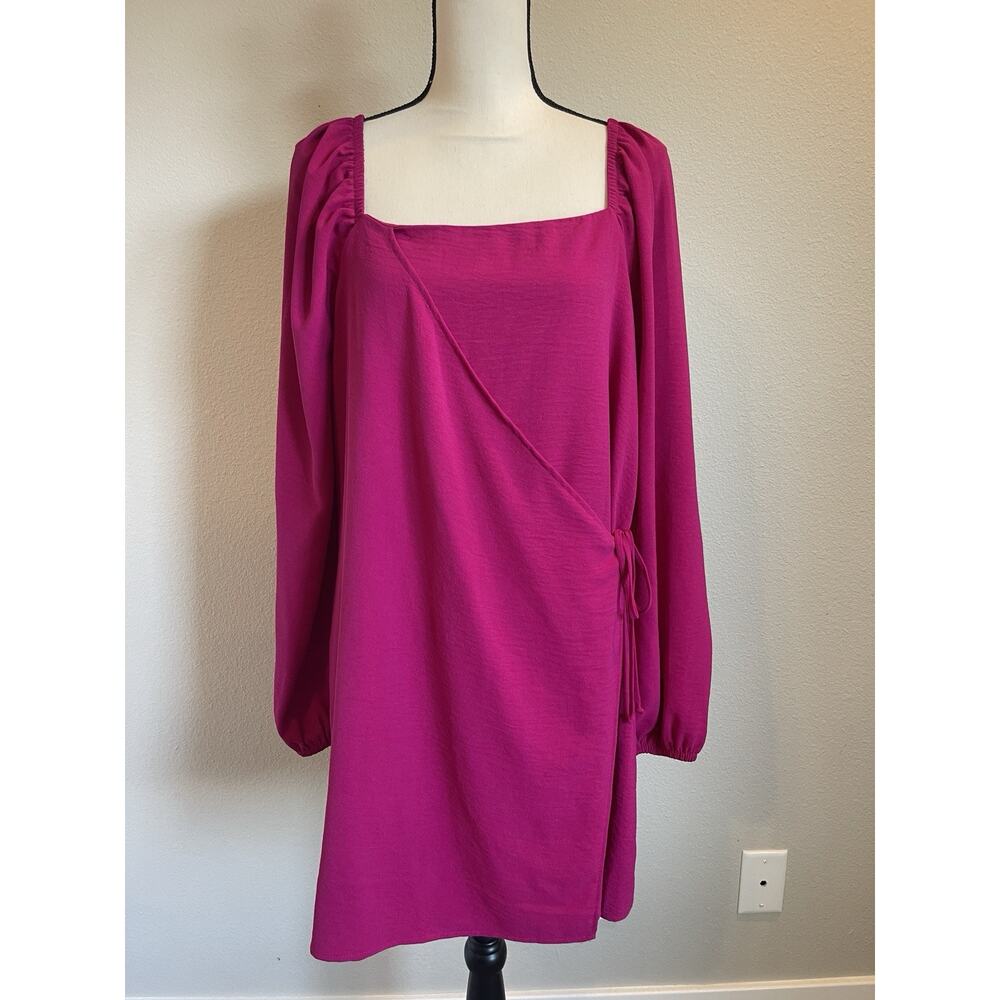Lola Grace Women’s Hot Pink Long Sleeve Faux Wrap Sheeth Dress Size Large Lined